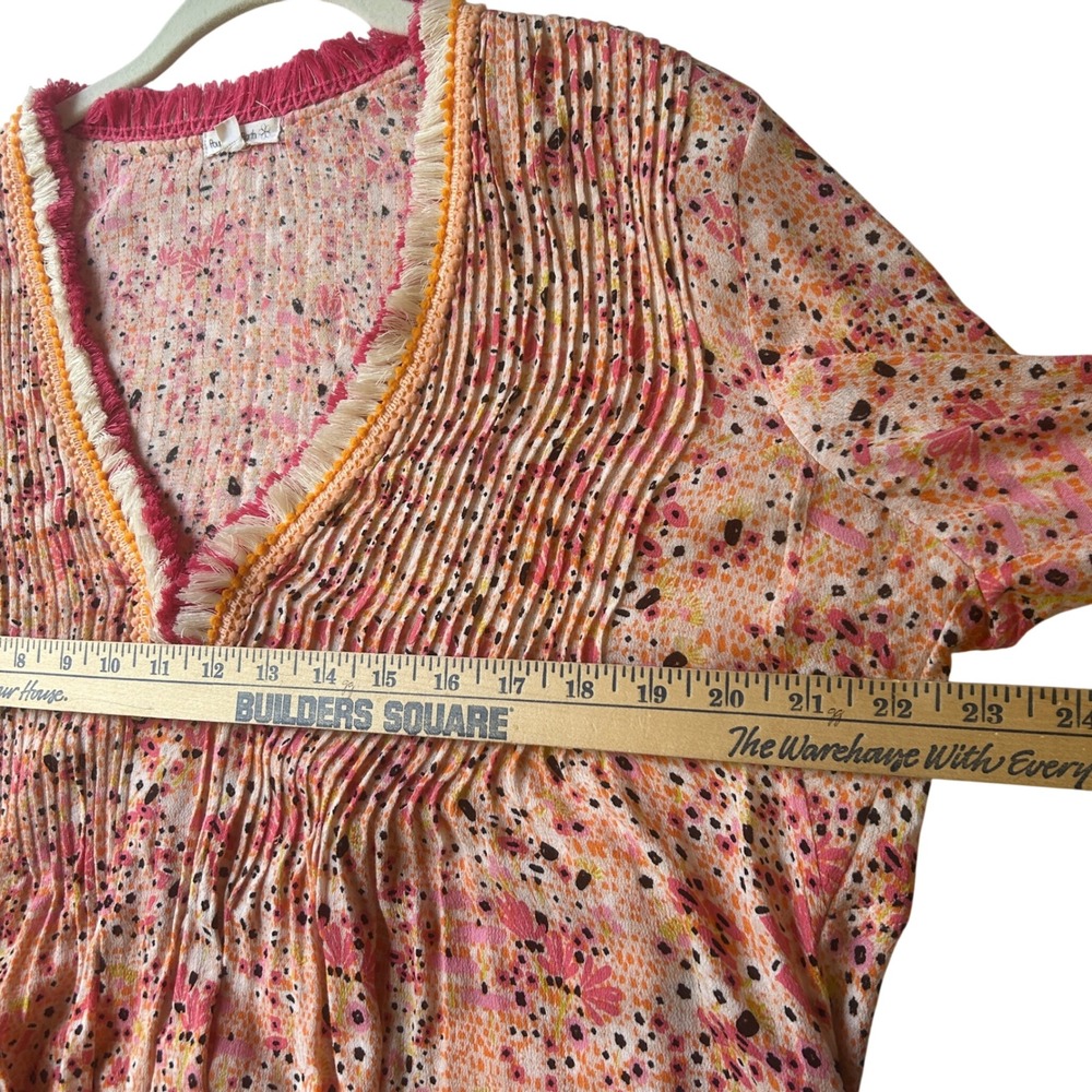 Poupette St Barth Mini Dress M Pink Orange Floral Fringe Pintuck V-Neck Boho - Picture 7 of 8